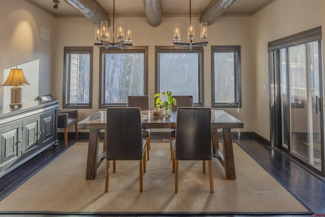 dining space with a chandelier, dark hardwood / wood-style flooring, beamed ceiling, and wooden ceiling