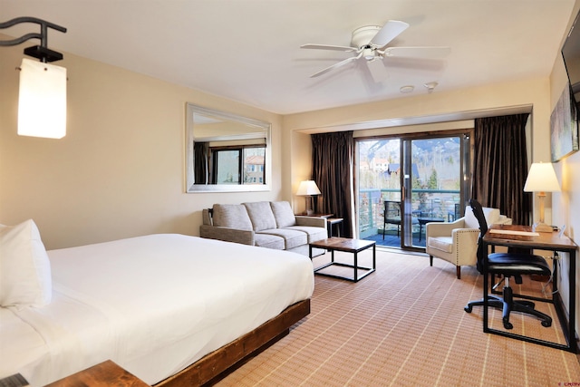 bedroom with access to exterior, ceiling fan, and carpet floors