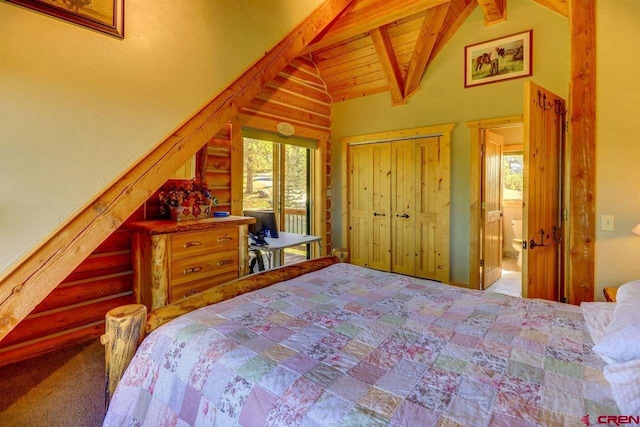 carpeted bedroom featuring wooden ceiling, lofted ceiling with beams, and a closet