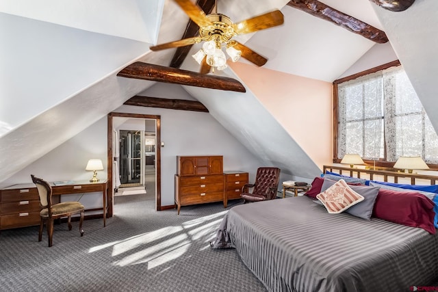 bedroom with ceiling fan, lofted ceiling with beams, and carpet floors