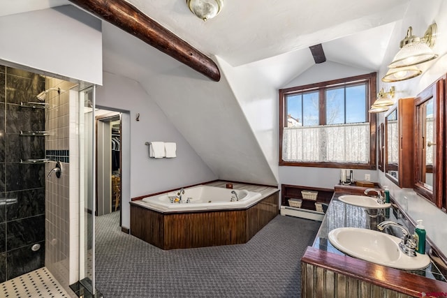 bathroom featuring lofted ceiling with beams, vanity, baseboard heating, and plus walk in shower