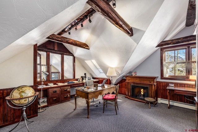 office area featuring carpet flooring, a textured ceiling, a baseboard radiator, and vaulted ceiling