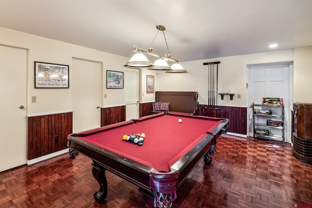 rec room with dark parquet flooring and billiards