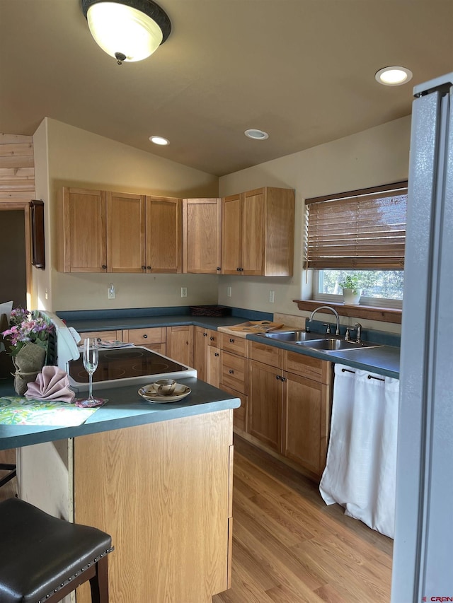 kitchen featuring lofted ceiling, sink, stainless steel dishwasher, light hardwood / wood-style floors, and cooktop