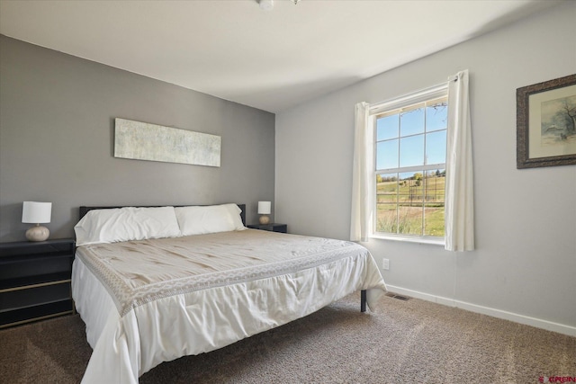 bedroom featuring multiple windows and dark colored carpet