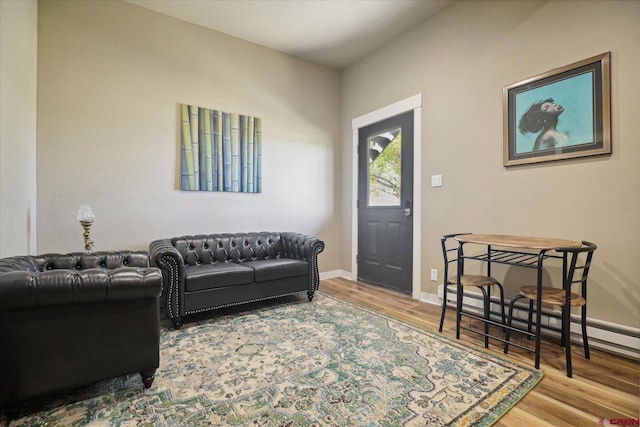 living room featuring wood-type flooring and a baseboard heating unit