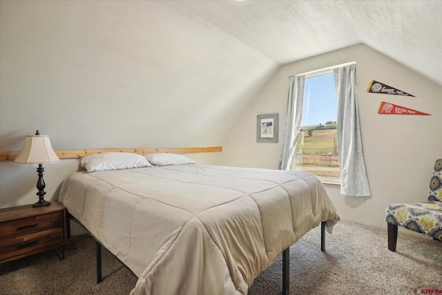 bedroom featuring carpet flooring and lofted ceiling