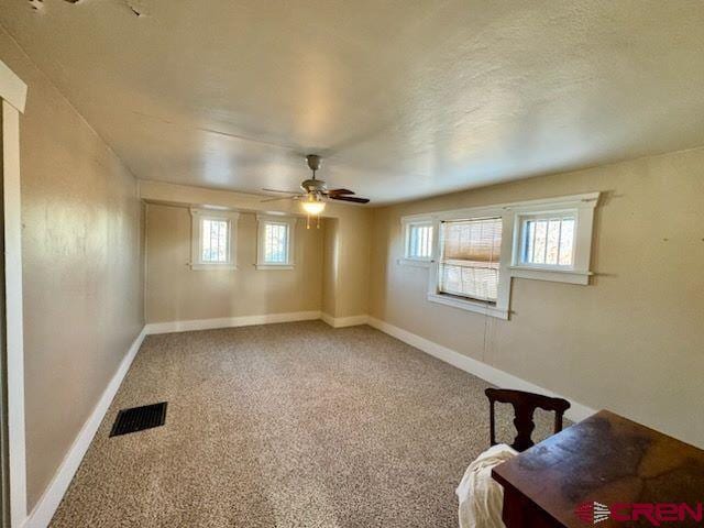 interior space with carpet and ceiling fan