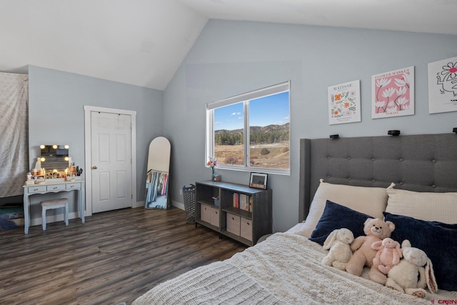 bedroom featuring dark hardwood / wood-style floors and lofted ceiling