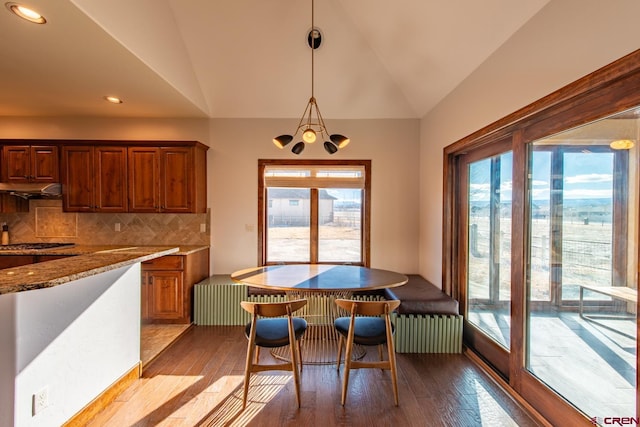 dining area with radiator, light hardwood / wood-style floors, and vaulted ceiling