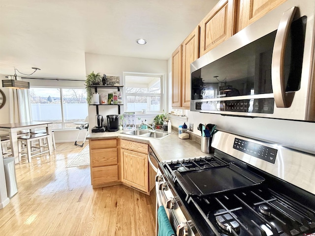 kitchen with sink, light wood-type flooring, stainless steel appliances, and light brown cabinetry