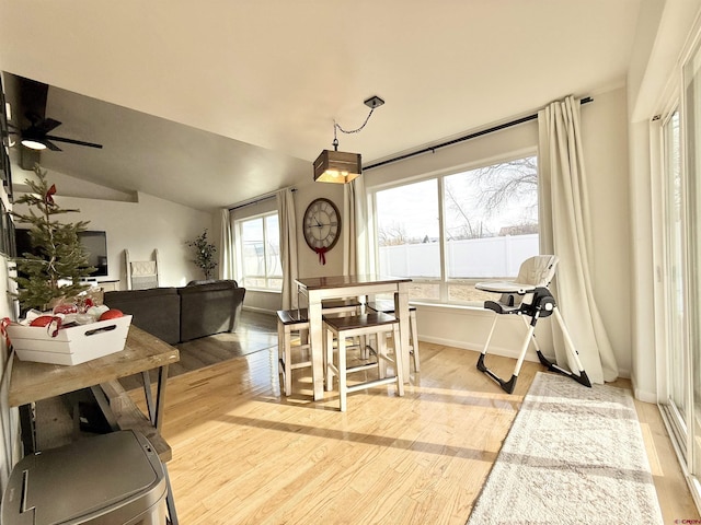 dining room featuring ceiling fan, light hardwood / wood-style flooring, and vaulted ceiling