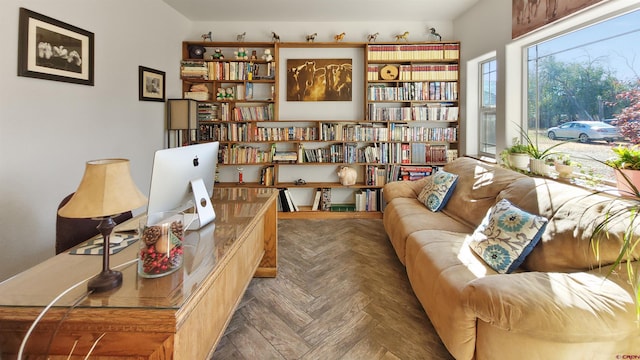 living area featuring dark parquet flooring