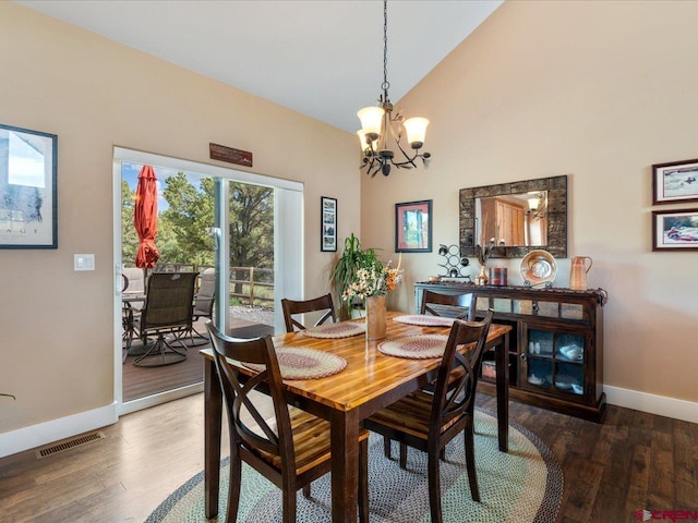 dining area featuring hardwood / wood-style floors, high vaulted ceiling, and an inviting chandelier