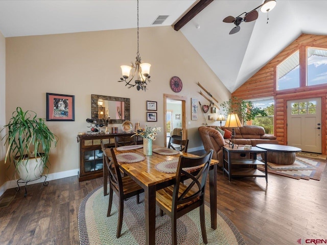 dining space featuring beamed ceiling, ceiling fan with notable chandelier, dark hardwood / wood-style flooring, and high vaulted ceiling