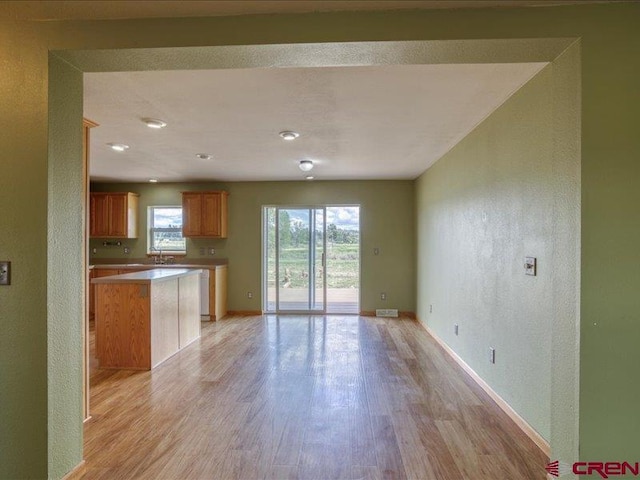 kitchen with kitchen peninsula, light hardwood / wood-style flooring, and sink