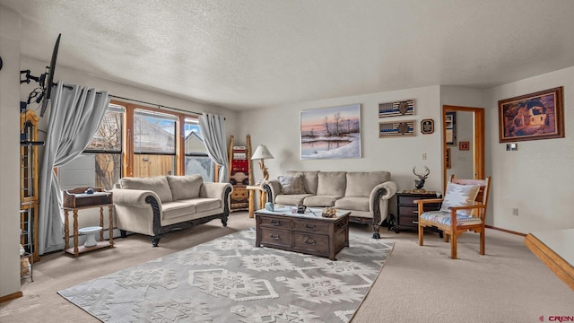 carpeted living room with a textured ceiling