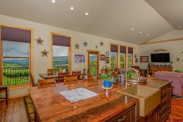 kitchen featuring a wealth of natural light, sink, hardwood / wood-style floors, and lofted ceiling