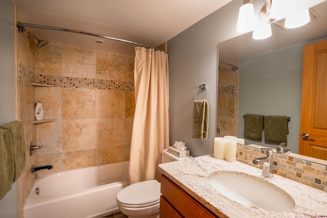 full bathroom with vanity, shower / bath combo, backsplash, and toilet