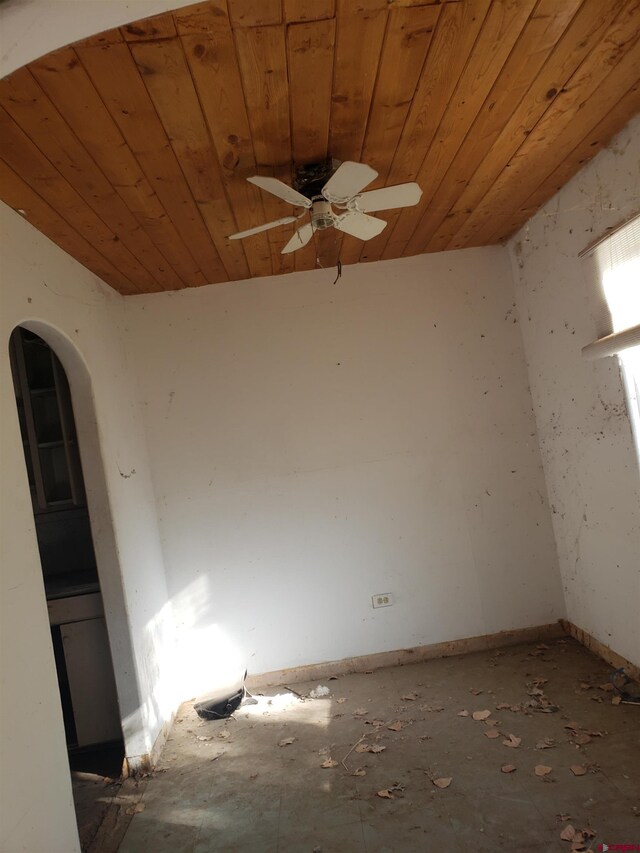 empty room with ceiling fan and wood ceiling