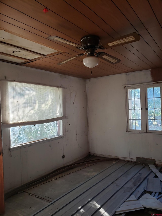 spare room featuring ceiling fan, wooden ceiling, and a wealth of natural light