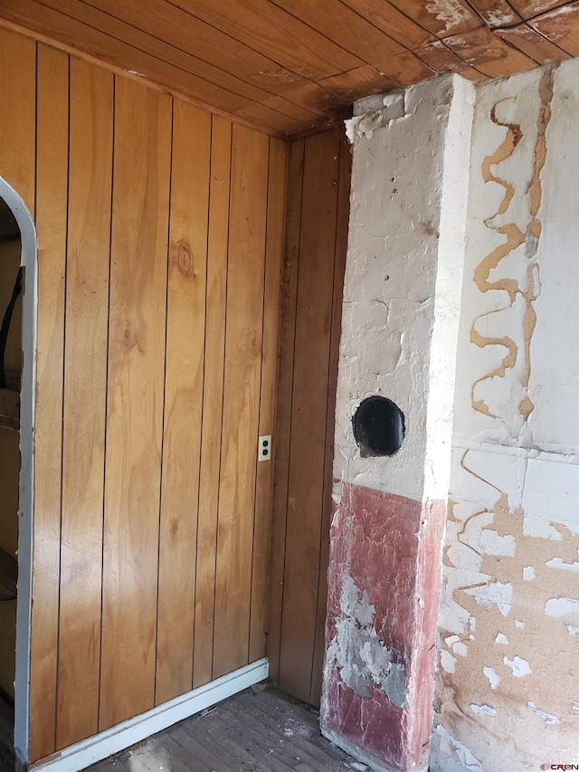 room details featuring wood walls and wooden ceiling