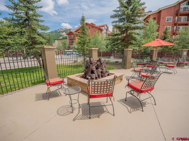 view of patio featuring a mountain view