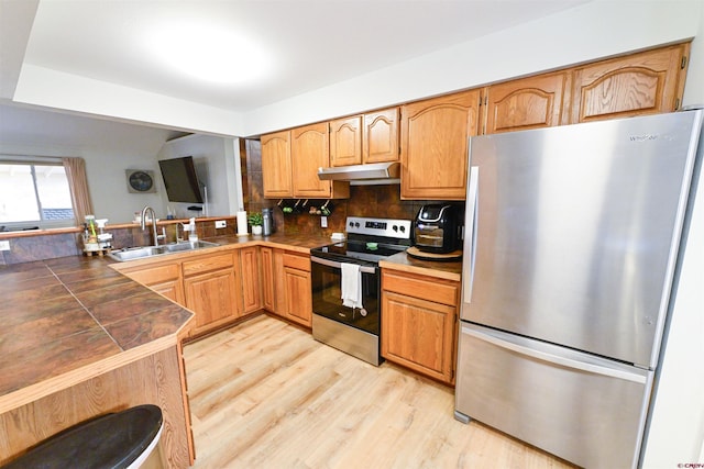 kitchen featuring sink, light hardwood / wood-style flooring, decorative backsplash, kitchen peninsula, and stainless steel appliances