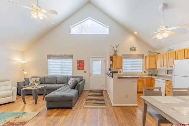 living room featuring ceiling fan, a healthy amount of sunlight, light wood-type flooring, and high vaulted ceiling