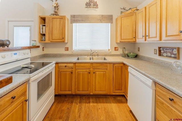 kitchen with light hardwood / wood-style floors, white appliances, and sink