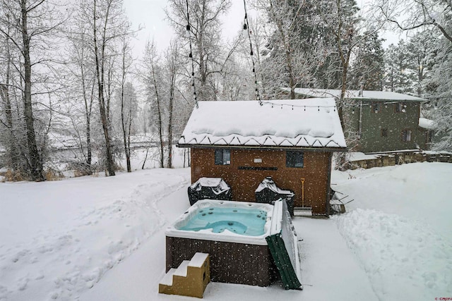 exterior space featuring a hot tub