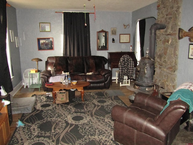 living room featuring a wood stove