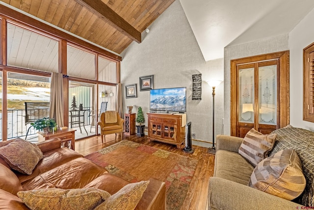 living room featuring hardwood / wood-style flooring, beam ceiling, wood ceiling, and high vaulted ceiling