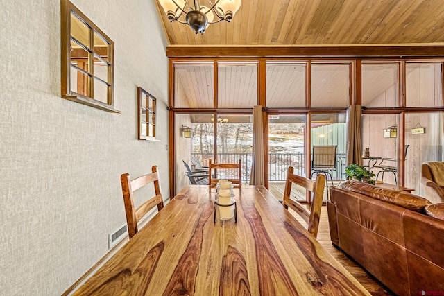 dining space featuring wood-type flooring, wood ceiling, and an inviting chandelier