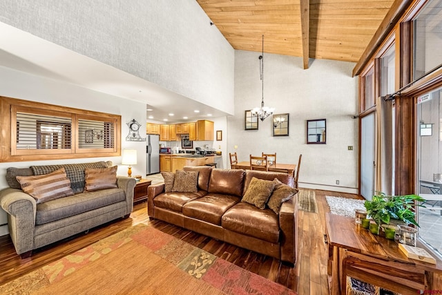 living room with beamed ceiling, wooden ceiling, high vaulted ceiling, and light hardwood / wood-style flooring