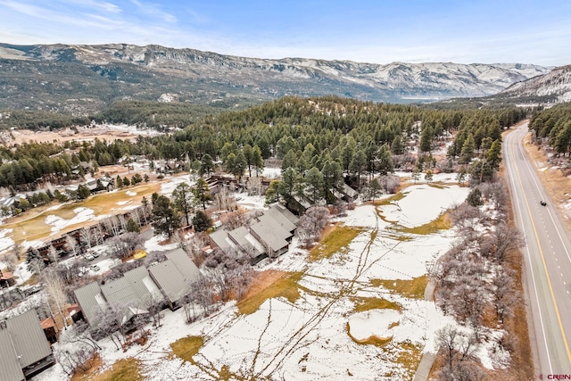 snowy aerial view featuring a mountain view