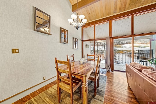 dining room with floor to ceiling windows, wooden ceiling, an inviting chandelier, lofted ceiling with beams, and light hardwood / wood-style floors