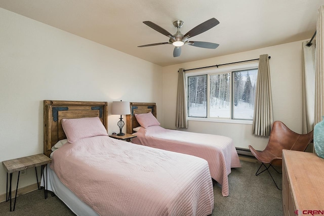 bedroom featuring ceiling fan and dark carpet