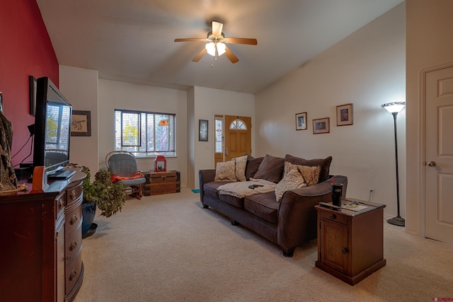 living room with light carpet and ceiling fan