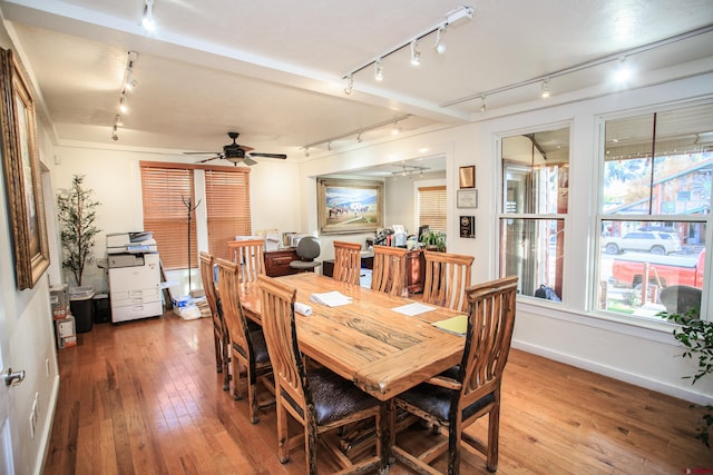 dining area with ceiling fan and wood-type flooring