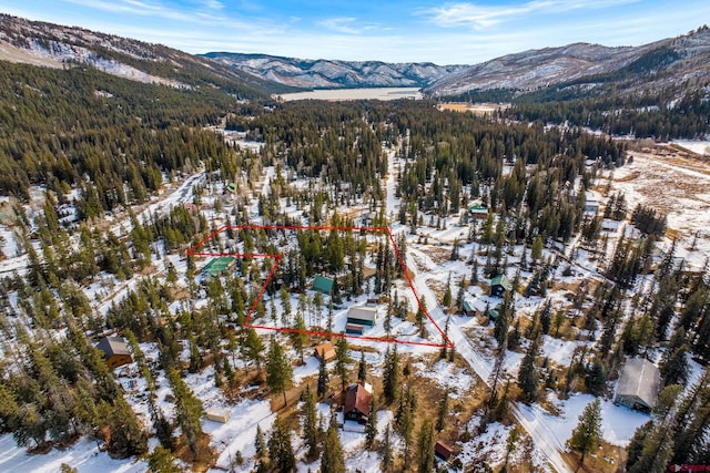 snowy aerial view featuring a mountain view