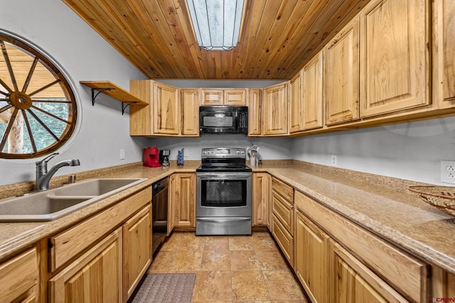 kitchen featuring wooden ceiling, sink, black appliances, and light brown cabinets