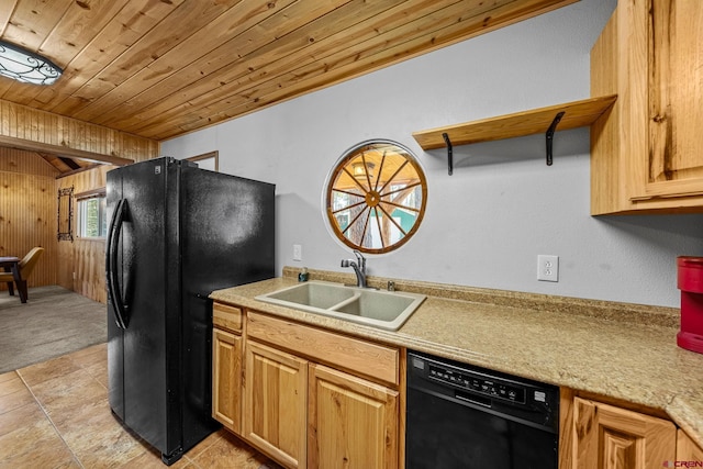 kitchen featuring wood ceiling, wooden walls, sink, and black appliances