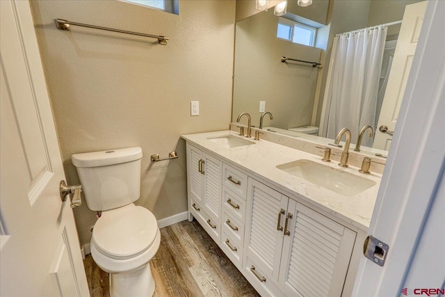 bathroom with hardwood / wood-style floors, vanity, and toilet