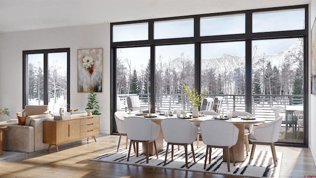 dining space featuring a mountain view, light hardwood / wood-style flooring, and a wealth of natural light