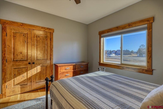 bedroom with ceiling fan, a closet, and wood-type flooring