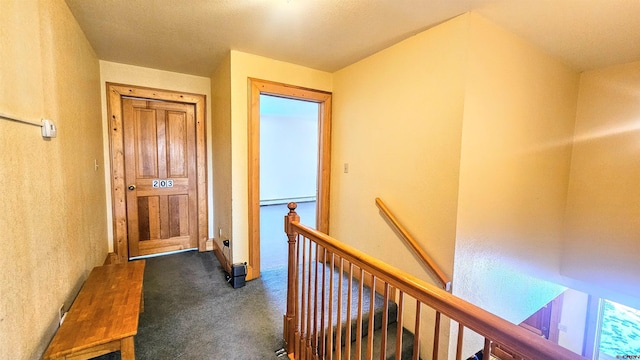 hallway featuring a baseboard radiator and dark colored carpet