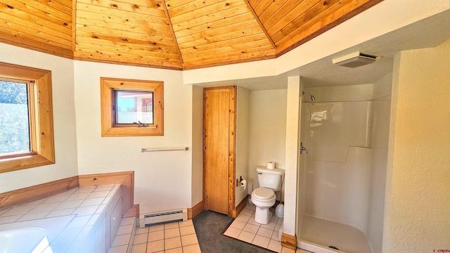 bathroom with wood ceiling, baseboard heating, a shower, tile patterned flooring, and lofted ceiling