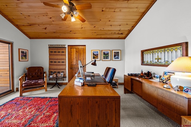 home office featuring light carpet, wooden ceiling, ceiling fan, and lofted ceiling