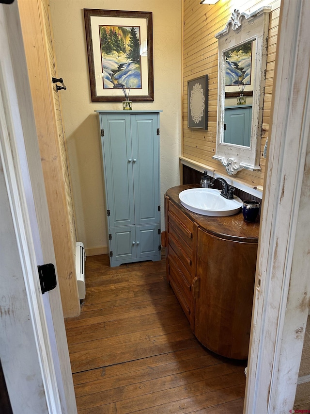 bathroom with hardwood / wood-style floors and vanity